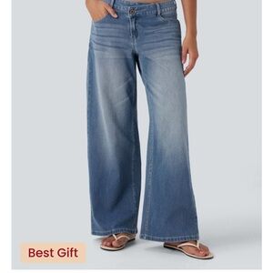 BNWT Halara Flex Asymmetric Low Rise Baggy Wide Leg Washed Blue Surf Med. Reg